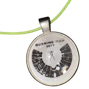 Burning Man 2017 Pendant Necklace Green Cord Silver Tone Black Rock City Logo